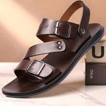 Simple And Versatile Open-Toe Mens Slippers With Double Buckle Design, Comfortable Flat Sole, A Preferred Choice For Daily Wear & Beach Outings. - Brown - View 1