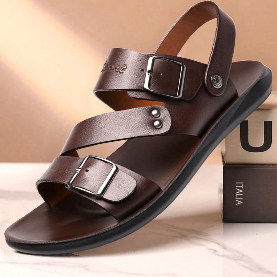 Simple And Versatile Open-Toe Mens Slippers With Double Buckle Design, Comfortable Flat Sole, A Preferred Choice For Daily Wear & Beach Outings. - Brown - View 1