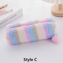 Gradient Color Cute Girl Plush Octagonal Pencil Case, Simple Student Stationery Storage Bag