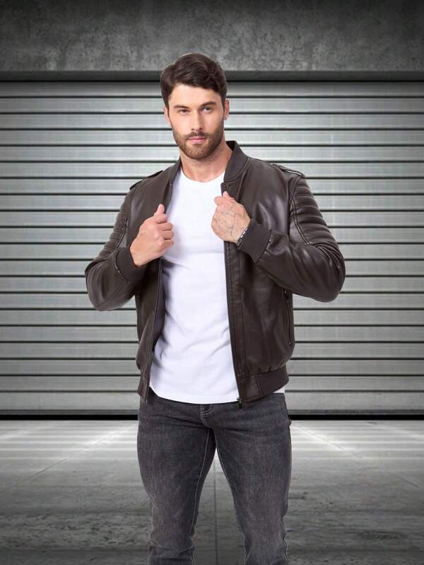 Men's Outdoor Professional Motorcycle Jacket, Raglan Sleeve, PU Leather, Racing Style, Stand Collar, Zipper Pockets, Autumn/Winter Sports Jacket