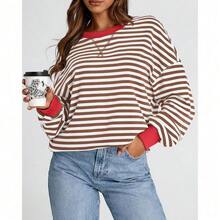 Womens Oversized Striped Sweatshirt Crewneck Long Sleeve Pullover Top Casual Y2K Spring Clothes 2026 Workout Shirt,Vacation Outfits Women,Valentine Outfits For Women,Street Photography - 棕色白色 - 查看 5