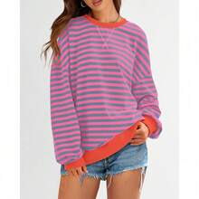 Womens Oversized Striped Sweatshirt Crewneck Long Sleeve Pullover Top Casual Y2K Spring Clothes 2026 Workout Shirt,Vacation Outfits Women,Valentine Outfits For Women,Street Photography - 玫紅色 灰色 藍色 - 查看 4