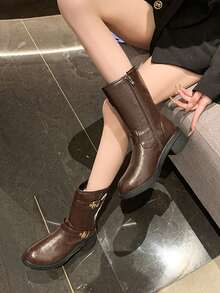 Botas Estilosas Femininas, Botas de Cavaleiro Estilo Britânico, Botas Curtas Versáteis de Ajuste Slim com Zíper Lateral Vintage, Botas para Primavera/Outono, Botas de Cano Médio Femininas de Couro com Salto Grosso