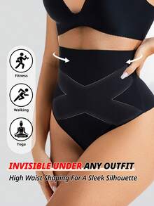 Women Cross Super High Waist Tummy Control Thongs Double Layer Seamless Brief No Show Panty Girdle Body Shaping Underwear Soft Daily Shapewear Bottom - Black - View 7