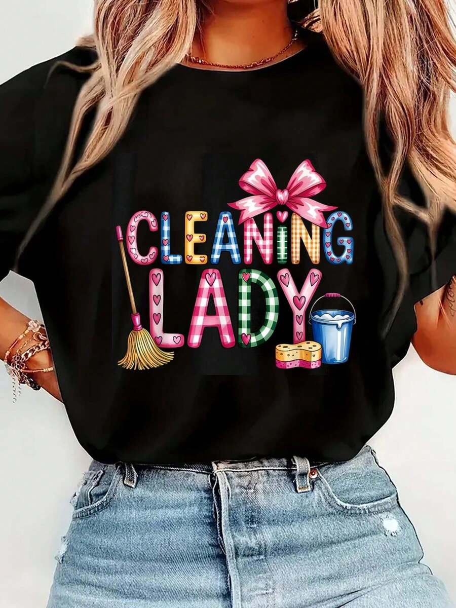 100% Cotton Cleaning Lady Housekeeping Cleaning Lover Housekeeper T-Shirt Women's Men's Streetwear Graphic Tee Black Crew Neck Vacation Tops - màu đen - Xem 1