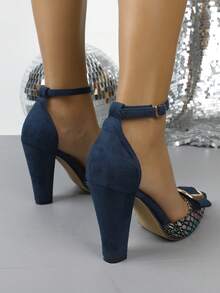 Pointed Toe Fashion Versatile Chunky Heel Hollow Out Pumps - Blue - View 5