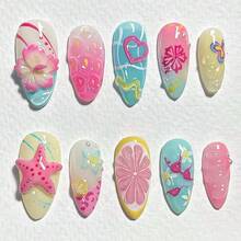 24Pcs Summer Pr On Nails Medium Square Fake Nails With Pearl Rhinestones Designs Gold Starfish Seashell Glue On Nails 3D Flower Acrylic Nails Beach False Nails French Tip Stick On Nails For Women - Móng tay đại dương-13 - Xem 1
