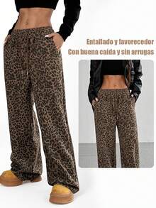 Pantalones de mujer con estampado de leopardo, estilo holgado y pierna ancha, casuales para uso diario o conjunto urbano - Leopardo - Ver 4