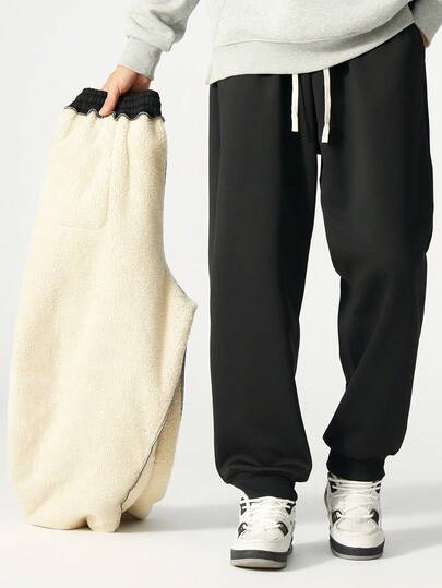 Plus Size Fleece Sweatpants, Black Drawstring Casual Pants, Suitable For Winter