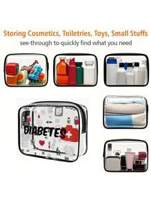 新款糖尿病收纳包 - 迷你化妆包、透明洗漱包、医疗包、旅行必备品、拉链便携式旅行洗漱包、沙滩透明PVC洗漱包、防水收纳包、透明收纳包、带线缆和USB接口的收纳包，可存放药品、医疗用品等。