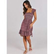 Women's Summer Casual Sleeveless Square Neck Dress 2025 Smocked Ruffle Backless Boho Beach Cute Teen Short Sundress