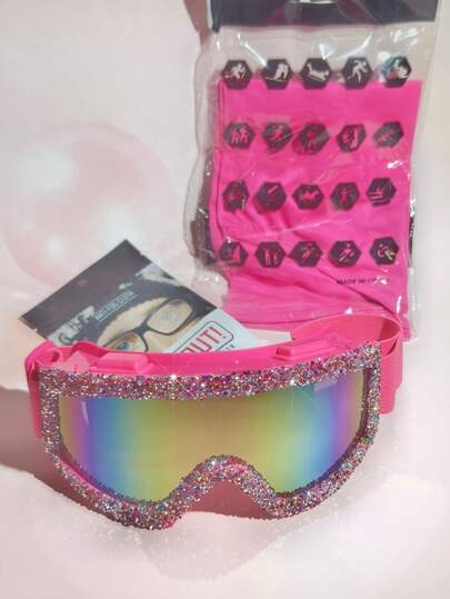 POLASUP Set de 3 en 1: 1 pieza Gafas de esquí extra grandes con máscara para los ojos, Gafas de esquí decorativas de moda de cobertura completa para mujeres con lente de goma suave protectora para esquí, ATV, karting, senderismo, anti-salpicaduras, anti-UV, anti-arena, con correa ajustable