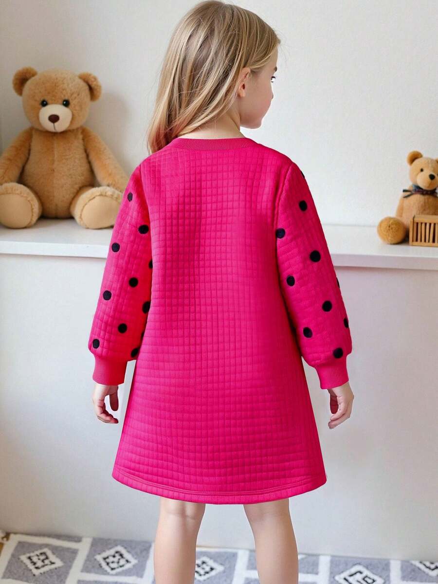 Vestido elegante de manga larga con cuello redondo y decoración de lacito, con estampado de conejito lindo para niña joven - Rosa Fucsia - Ver 1