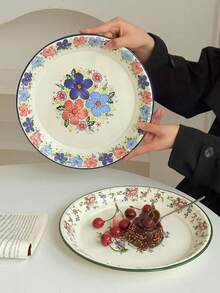 1pc Enamel Flower Pattern Plate, High-Quality Ins Style Breakfast/Dessert/Fruit Plate, Floral Design Enamel Dish For Home Use