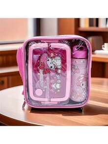 Sanrio Hello Kitty & Friends 三件套保温午餐套装，包括便当盒、手提袋和水壶，紫色，随机印花，适合上学、上班、露营和野餐。