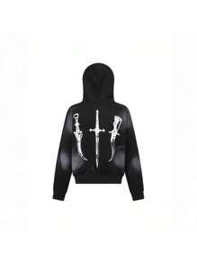 Retro Distressed Woolen Cap Design Hooded Sweatshirt For Both Men And Women, Featuring A Street Hip-Hop Dark Style With A Hood And Zipper Opening