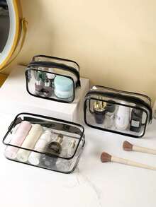 3 قطع/قطعة واحدة حقيبة أدوات تجميل بسيطة عصرية للجنسين، مجموعة حقائب أدوات تجميل وأغراض شخصية من EVA مزودة بسحاب - شفافة، منظم سفر متين للحقيبة المدرسية والسفر والعطلات الشاطئية، حقيبة مستحضرات تجميل شفافة مقاس 1 كوارت، مناسبة للسفر والجنسين، حقيبة منظم تجميل شفافة للحمل، حقيبة مكياج شفافة بلاستيكية للسفر، حقيبة يد صغيرة شفافة مقاومة للماء