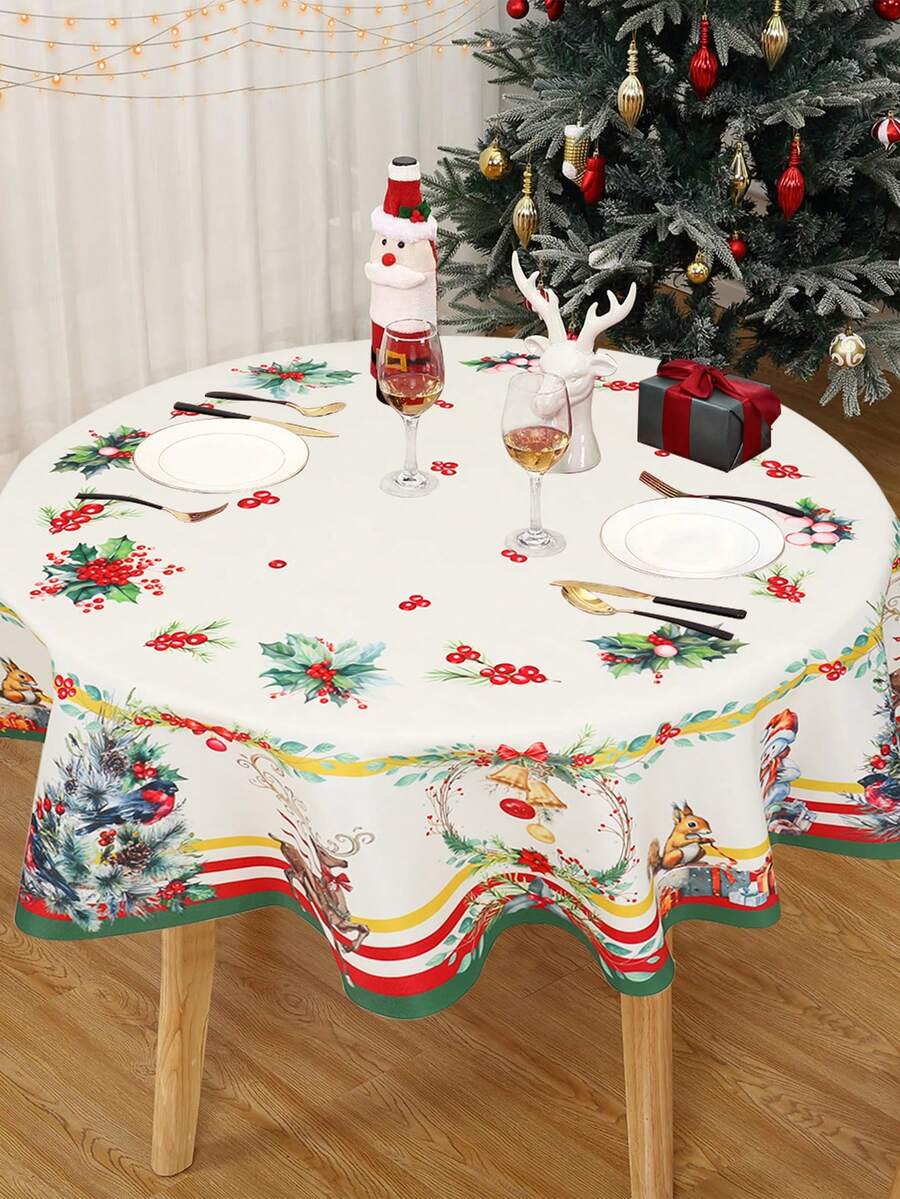 1Pc Christmas Theme Polyester Tablecloth,Round Diameter 150cm,Christmas Decor Tablecloth,Christmas Tree Snowman Reindeer Pattern Holiday Table Cover,Merry Christmas,Christmas Decoration For Home,Christmas Holiday Table Center Decor,Christmas Party Supplies,Christmas Gift,Holiday Party Favor,Xmas Decor