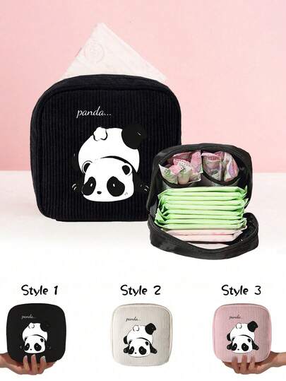 Panda Print Sanitary Pad Storage Bag, Multifunctional Sanitary Pad Organizer Pouch, Small Square Bag, Japanese Sweet Corduroy Square Cosmetic Toiletry Storage Bag, Basic Living Single Sanitary Pad Storage Bag, Makeup Bag, Travel Organizer, Large Capacity Cosmetic Storage Box, Makeup Case, Can Hold Lipstick, Makeup Brushes, Skincare, Phone, Coins, Small Items, Suitable For Home, Gifts, Vacation, Holidays (Halloween, Christmas) And More, Versatile Use, Bohemian Style