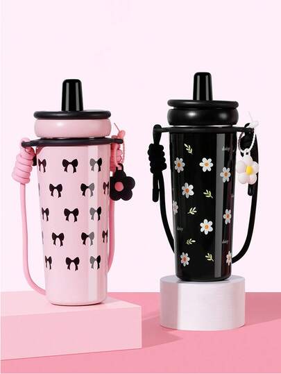 1个720毫升/25.34盎司不锈钢带盖吸管杯，美观大方，大容量便携水杯，便携式旅行咖啡杯，外观时尚便携水杯，可爱少女款，旅行杯，防漏保温水瓶，便携式水杯，保温水壶，泡茶水杯