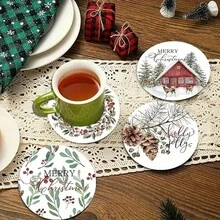 Set Of 8/16 Fun Christmas Design Wooden Coasters, Wooden Coasters For Farmhouse Bar, Perfect Gift, New Home Decor, Wooden Tabletop Coasters, Kitchen Decor, Table Decor, Christmas Gift,Coaster Set,Coasters Drink Coasters,Coaster For Cup At Home