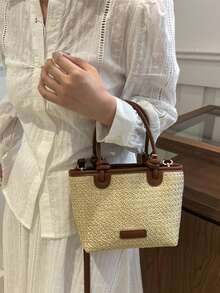 Bolso de paja tejida y bolso de hombro de estilo de playa de vacaciones 2025, elegante bolso de cesta con nudo de cuerda - Marrón - Ver 6