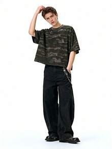 INFLATION 2025春夏新款宽松迷彩T恤，美式街头风格，男士纯棉短袖T恤，2000年代风格 - 深灰色 - 查看 5