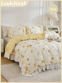 3 件套多色印花涤纶纤维被子套装（1 件羽绒被套 + 2 件枕套，无填充物），具有优雅经典复古风格，轻盈透气的涤纶纤维适合全年使用，适用于卧室装饰