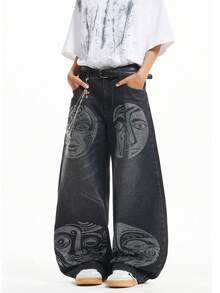 1 pezzo Pantaloni di jeans casual comodi e rilassati con gamba dritta, vestibilità ampia, effetto consumato e decorazioni in strass, stile urban americano per uomo (senza cintura e accessori) - nero - Visualizzare 6