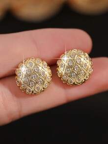 jealous young 1pair Fantasy Circular Geometric Micro-Inlaid Cubic Zirconia Stud Earrings, Fashionable Hip Hop Gold Color Earrings Unisex, Suitable For Everyday Wear - Yellow Gold - View 4