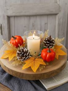 1Pc Halloween Thanksgiving Pumpkin Candle Ring Centerpiece With Autumn Maple Leaves Pinecones Berries Fall Harvest Table Decor Spooky Candle Holder Wreath For Holiday Party Tiered Tray Dining Room Fireplace Mantel Decoration Fall Decor - Multicolor - View 9