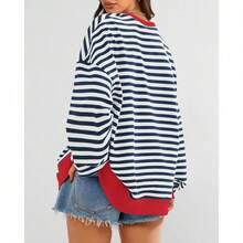 Womens Oversized Striped Sweatshirt Crewneck Long Sleeve Pullover Top Casual Y2K Spring Clothes 2026 Workout Shirt,Vacation Outfits Women,Valentine Outfits For Women,Street Photography - 海軍白 - 查看 2