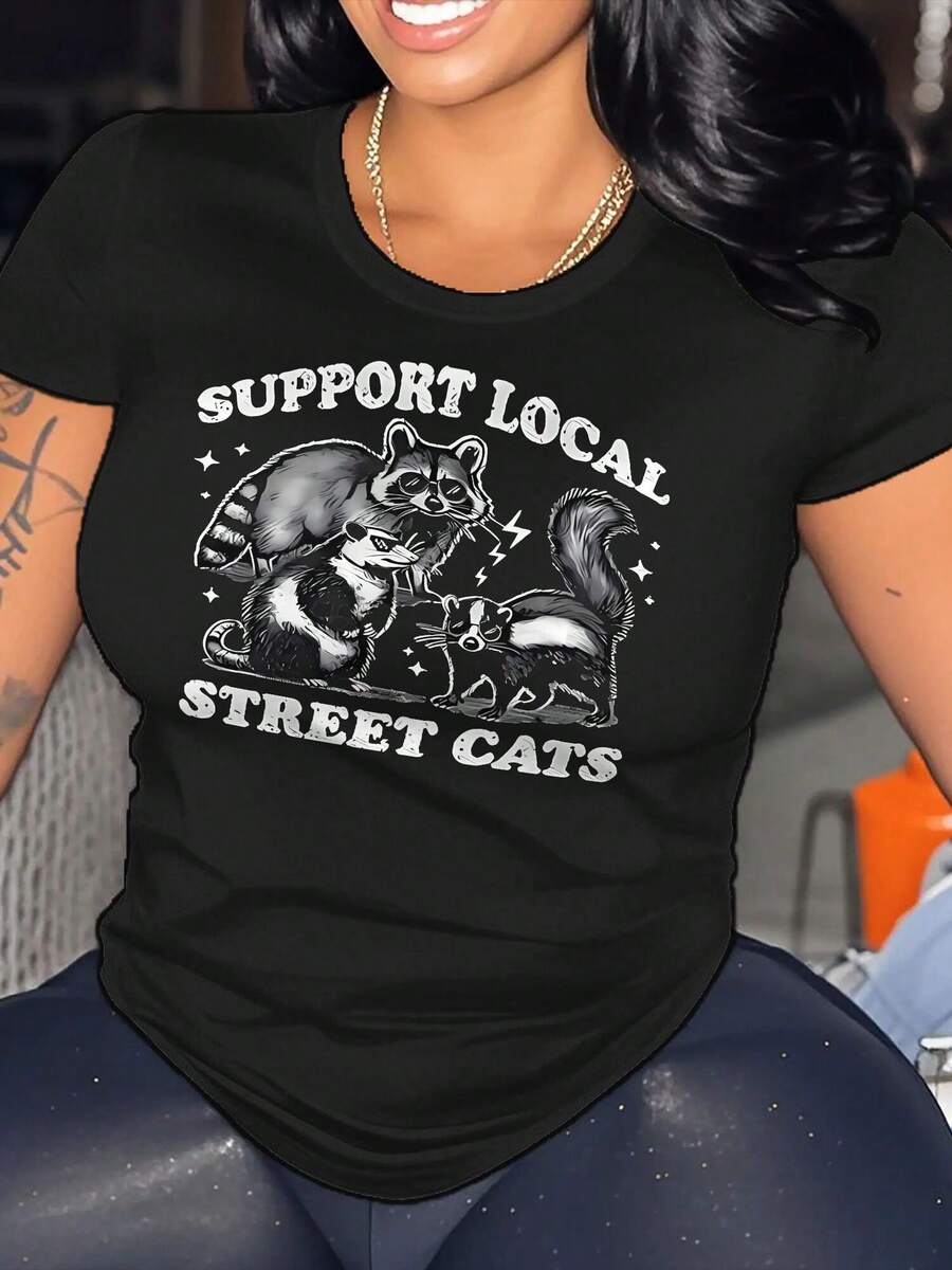 Plus Size Elegant Casual T-Shirt, Women's Raccoon Round Neck Tee Short Sleeve Top For Spring & Summer Vacation Clothing Gifts For Women