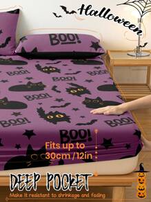 1 pieza Sábana ajustable con estampado de calabaza y gatito, suave y transpirable, diseño de bolsillo profundo, protector de colchón transpirable y anti-pelusas, a prueba de polvo y antideslizante para todas las estaciones, se ajusta a colchones de tamaño individual/doble/queen/king, lavable a máquina