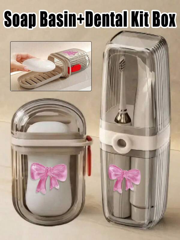Portable Travel Soap Dish And Toothbrush Holder Set - Featuring A Pink Ice Transparent Bow Pattern, Durable Plastic, Toothbrush Storage Box, Business Travel Mouthwash Cup, Travel/Home Toothbrush Storage Box, Breathable Hygiene Bathroom Accessories, Travel Essentials, Household Items,A Must-Have Dormitory For Both Boys And Girls Returning To School, Giving Teachers Gifts For Teacher's Day