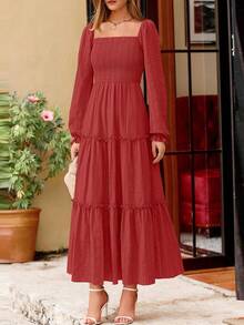 PRETTYGARDEN Women Elegant  Maxi Dresses For Fall Boho Long Sleeve Smocked A Line Ruffle  Wedding Guest Holiday Party Long Dress With Pockets New Years Valentine Vacation Spring Dresses For Women Vestidos Elegantes De Mujer - 紅色 - 查看 8