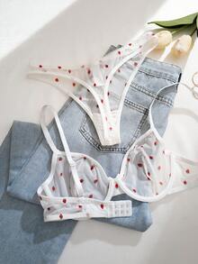 1套女士纯色草莓印花蝴蝶结钢圈舒适文胸和内裤套装