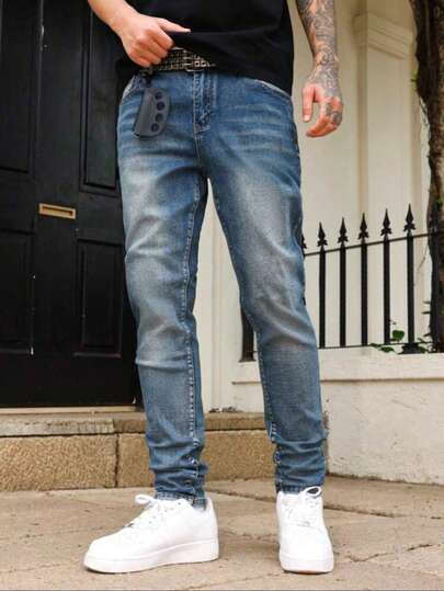 1 pièce Jeans en denim bleu élastique pour hommes, pantalon de jogging décontracté de style urbain, jeans slim respirant de couleur unie, convient pour la marche en ville et les activités de plein air parent-enfant