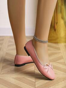 European & American Fashion Solid Color Ballet Bowknot Flat Shoes, Outdoor Spring/Autumn Ladies Flat Slip-On Soft Leather Soft Sole Shoes