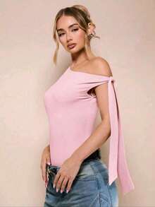 Women's Bodysuit With Tie Bow And Asymmetrical Neckline, Sleeveless, Ideal For Romantic Dates, Casual, Vacation And Summer - 珊瑚粉 - 查看 3