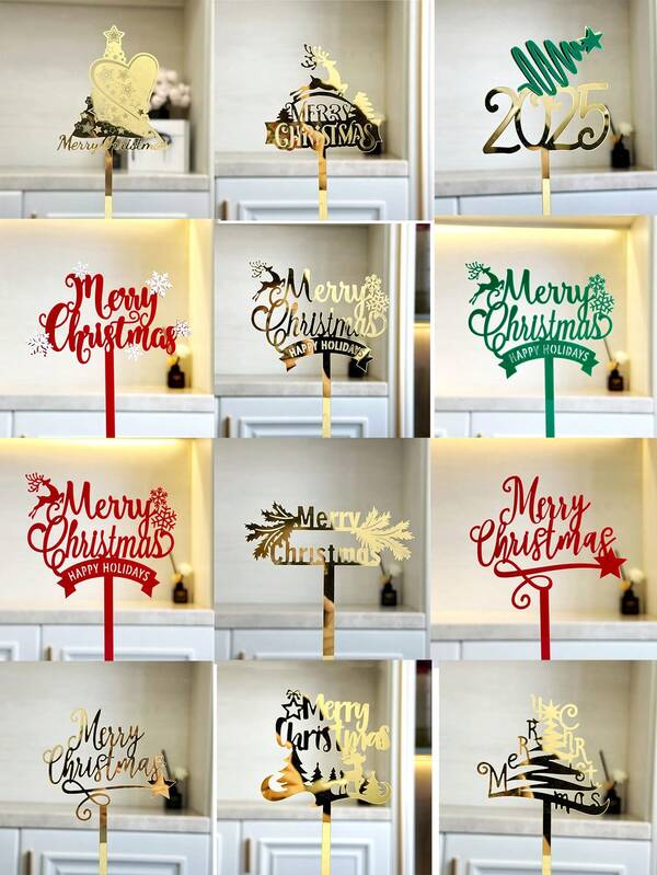 1pc/13/26pcs Merry Christmas Cake Topper, Gold Snowflake Elk Tree Acrylic Cupcake Topper For Family Gathering And Shop ,Cute Xmas Cake Topper,Diy Party Dessert Decoration For Christmas