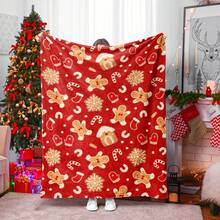 1pc Cozy Christmas Gingerbread Print Flannel Throw Blanket - Lightweight All-Season Soft Warmth For Sofa, Bed, Travel & Camping - Festive Red & Golden Holiday Decor With Candy Canes & Snowflakes Design, Gingerbread Christmas Decor, Seasonal Home Accent, Durable Comfort Fabric- 280GSM - 彩色 - 查看 4