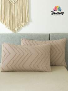 1對卡其色無填充物枕套極簡主義面料V形毛邊床枕套適合家用