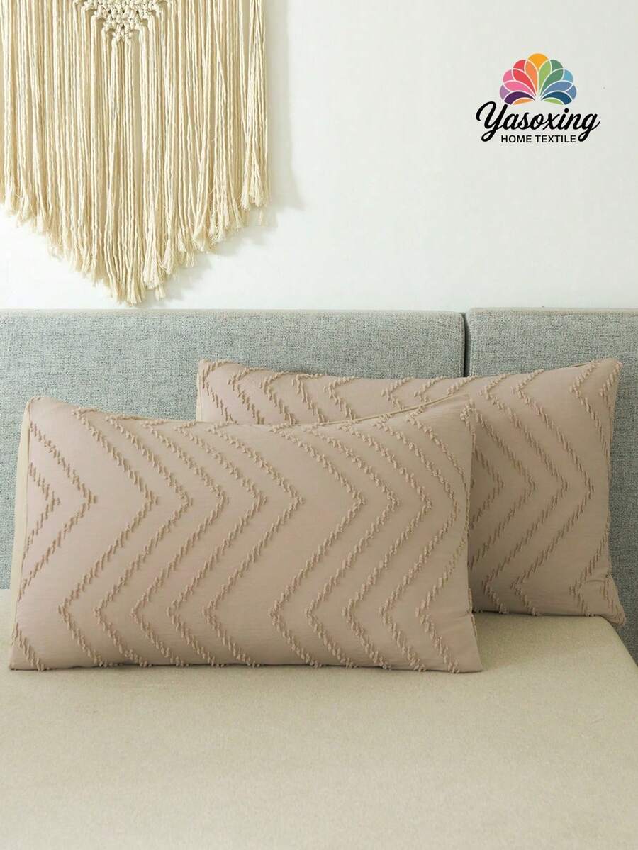 1對卡其色無填充物枕套極簡主義面料V形毛邊床枕套適合家用