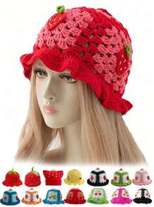 1 件女士手工钩针草莓图案渔夫帽，波西米亚风格镂空荷叶边可爱针织帽，透气可折叠休闲嘻哈帽 - 紅色 - 查看 2