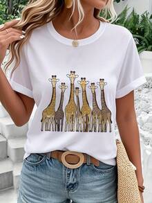 Giraffe Print Casual T-Shirt - Women's Cotton T-Shirt - Fashionable Casual T-Shirt, Loose And Comfortable, Suitable For Gatherings And Daily Wear, Perfect Gift For Friends And Family, Locally Delivered