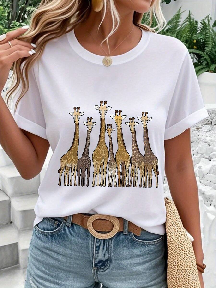 Giraffe Print Casual T-Shirt - Women's Cotton T-Shirt - Fashionable Casual T-Shirt, Loose And Comfortable, Suitable For Gatherings And Daily Wear, Perfect Gift For Friends And Family, Locally Delivered