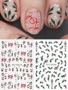 2pcs Christmas Nails Art Stickers Green Holly Vine Red JOY Xmas Nails Decals For Winter Nail Art Decoration, Self Adhesive New Year Nail Supplies For Women And Girls - Multicolor - View 8