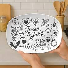 طبق زفاف مخصص لعيد الهالوين | هدية زوجين غوثية مع الأسماء والتاريخ | طبق تذكاري زواج مرعب | حب اليقطين الشبح - ديكور فقط - متعدد الألوان - مشاهدة 2