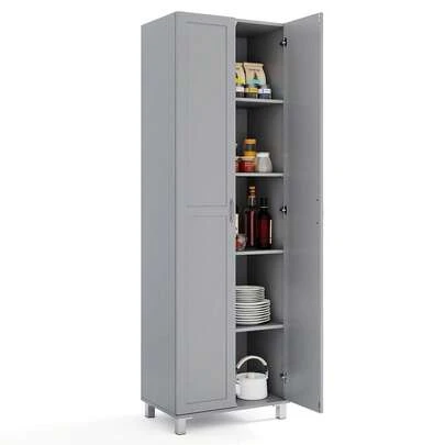  GOFLAME Double Door Tall Storage Cabinet, Freestanding Pantry Cabinet With Adjustable Shelf & Anti-Tilt Design, Modern Utility Storage Organizer For Kitchen, Living Room, Bedroom